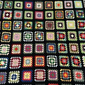 Granny Square Core Black Blanket Roseanne Couch Handmade Crochet 72x49" Afghan